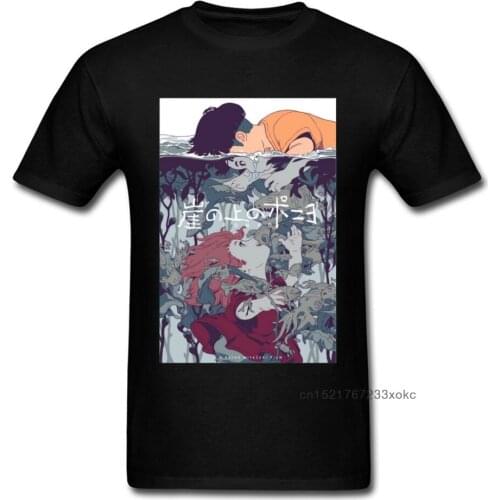 Ponyo on the Cliff T-shirt Men Japan Style T Shirt Romantic Childhood Story Tshirt Adult Harajuku Printed Streetwear Black Cloth