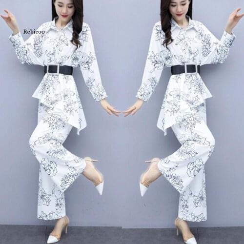 Women 2020 Summer Spring Autumn Print Chiffon Suits Female Irregular Blouse Top +Wide Leg Pants Trousers Casual 2 Piece Set