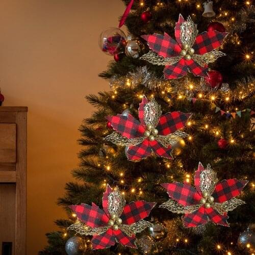 Red Buffalo Plaid Poinsettias Christmas Tree Ornaments Artificial Christmas Flowers Christmas Tree Garland Holiday Decorations