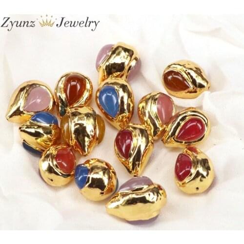 10PCS, Gold Color Brass Cover Natural Pink Quartz Agates Charms Drop Spacer Connectors Pendants Diy Jewelry Findings Accessories