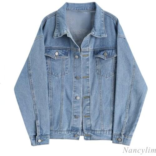 Loose Denim Jacket for Women Spring Autumn BF Style Lapel Long Sleeve Jean Coat Female Casual Outwears Blue Nancylim