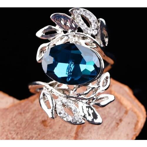 Fashion Wedding Rings for Women Creative Blue Stone Crystal Leaves Couple Promise Ring Statement Engagement Gift Charm Jewelry