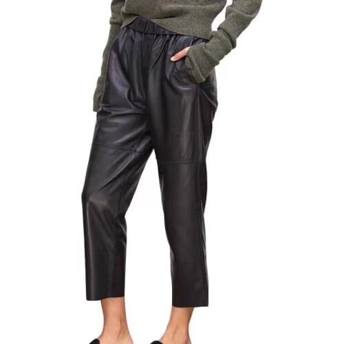 Fashion Women Pants 100% Natural Genuine Sheep Leather Real Sheep Leather Crop Jeans Elastic Belt Waist Trousers high-quality H7