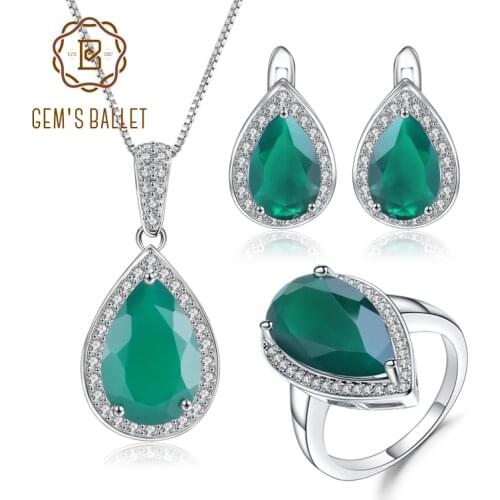 GEMS BALLET Natural Green Agate Pendant Earrings Ring Set 925 Sterling Silver Water Drop Vintage Gemstone Jewelry Set For Women