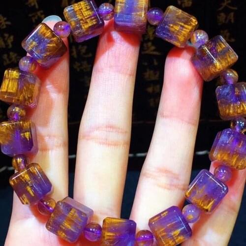 Genuine Natural Cacoxenite Auralite 23 Rutilated Quartz Bracelet 10.5mm Clear Round Cube Beads Bangle Women Men AAAAAA
