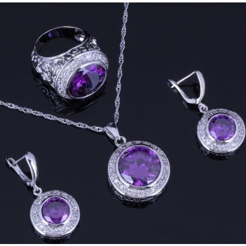 Very Good Round Purple Cubic Zirconia White CZ Silver Plated Jewelry Sets Earrings Pendant Chain Ring V0991