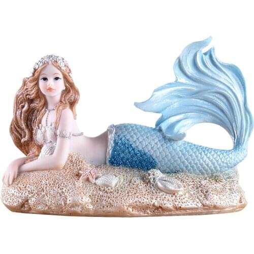 Resin Blue Mermaid Princess Figurines Miniatures Animal Art Crafts Office Home Decoration Accessories