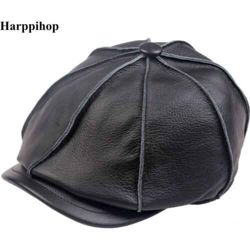 Boys casual genuine leather hat genuine leather cowhide male cap octagonal cap painter cap winter warm hat
