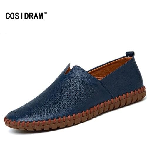 COSIDRAM Genuine Leather Slip on Men Casual Shoes Summer Breathable Hollow out Fashion Comfortable Flat Driving Shoes SHB-007