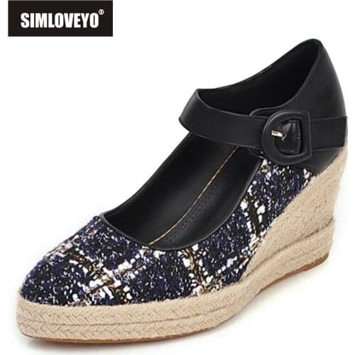 SIMLOVEYO 2021 Espadrilles Patchwork Pump Cloth Cover Heel Belt Buckle Braided Wedge Pointed Toe 8cm Size US13 Green Black A4178
