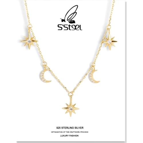 SSTEEL Star Shape Pendants Necklaces For Women Sterling Silver 925 Minimalist Moon Zircon Necklace Plata 925 Para Mujer Jewelry