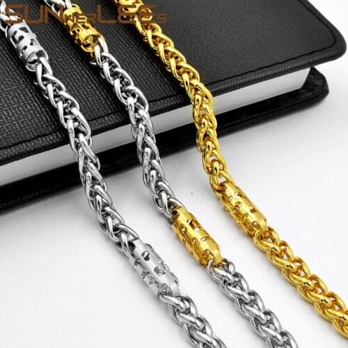 SUNNERLEES Jewelry 316L Stainless Steel Necklace 6mm Geometric Wheat Link Chain Silver Color Gold Plated Men Women Gift SC158 N