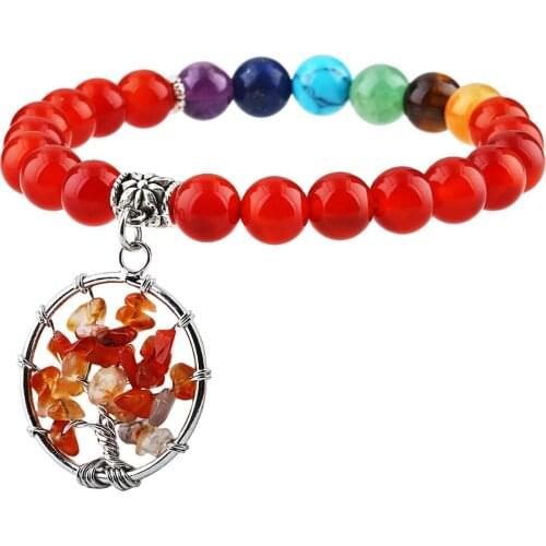 SUNYIK 8mm Carnelian 7 Chakra Beads Bracelet Tree of Life Dangle Yoga Energy Reiki Healing Jewelry
