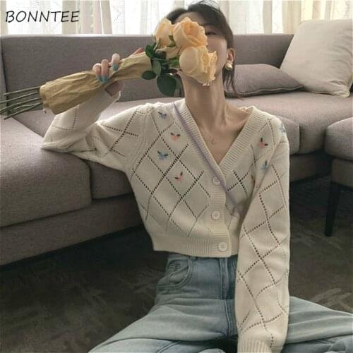 Cropped Cardigan Women Vintage Floral All-match Fashion Korean Ins Lady Knitwear Fall Summer College Chic V-neck Womens Sweater