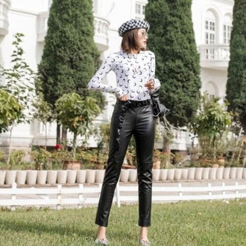 Women Genuine Ruffles Harajuku Sheepskin Real Leather Trousers New Slim High Waist Ankle-Length Lady Pencil Pants