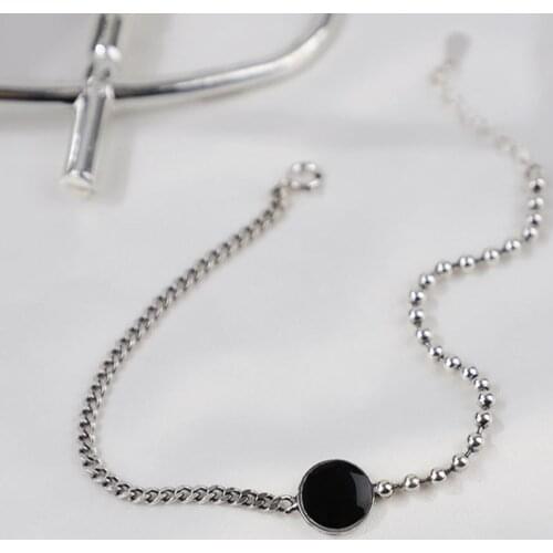 Vintage 925 Sterling Silver Black Round Bead Charm Bracelet &Bangle For Women Wedding Korean Jewelry SL307