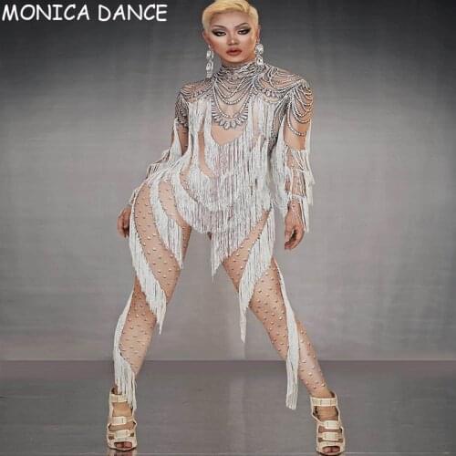 Women Sexy Stage Rhinestone White Tassel Long Sleeves Jumpsuit Women Dancer Spandex Leggings Outfit Singer Prom Jumpsuit