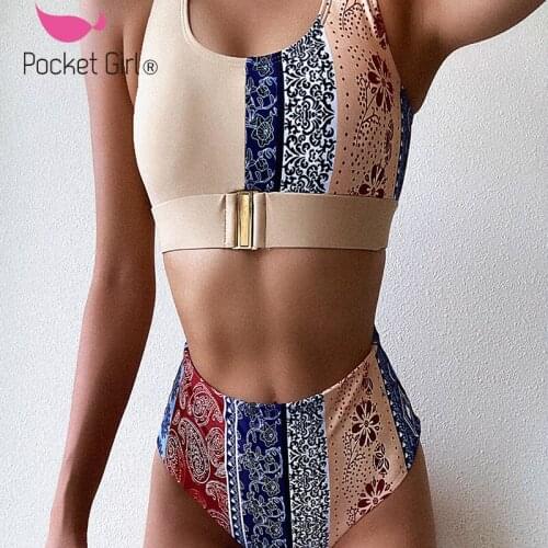 Pocket Girl Retro Print Metal Clasp Push Up Women Swimsuit Plus Size Swimwear High Waist Bikini Femmes Maillot De Bain Plage