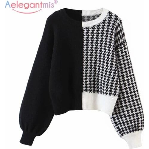 Aelegantmis Houndstooth Patchwork Pullover Knitted Womens Colorblock Lantern Sleeve Loose Sweaters Elegant O Neck Jumpers Female