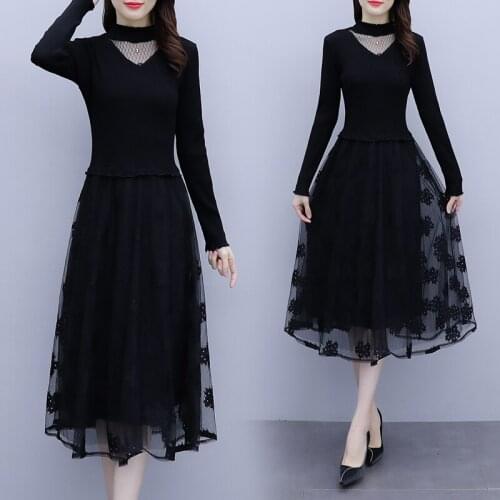 Womens Lace Patchwork Long Sleeve Dress Autumn Loose Party Cocktail Black A-Line Skater Holiday Swing Slim Casual Blouse Dresses