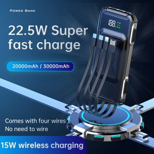 15W Qi Wireless Charger 22.5W Fast Charge Power Bank 20000/30000mAh with Cable For iPhone 12 X Samsung Airpods 5 4 3 2 Poverbank