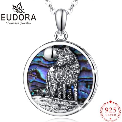 Eudora 925 Sterling Silver Abalone Shell Head Wolf Pendant Mother Oyster Blue Colorful Fine Necklace Jewelry for Leader