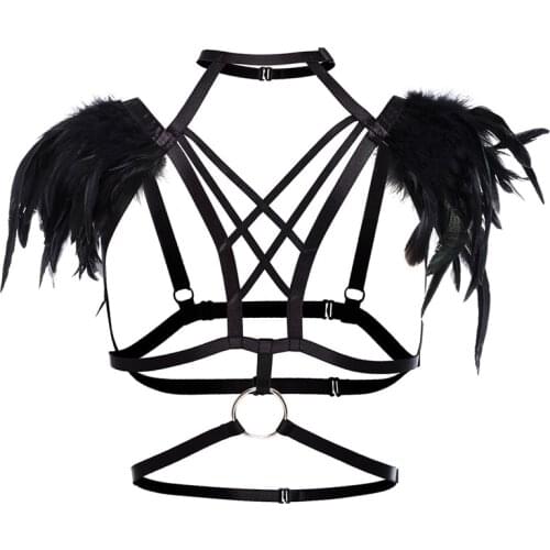 Black Feather bra Bondage Body Harness Epaulettes Bra Shoulder Wings BurningMan Festival Dance Rave Wear Steampunk Goth Lingerie