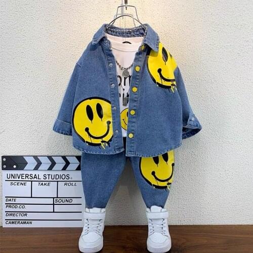 Spring Autumn boys clothes kids fashion clothes baby tracksuit Denim shirt + pants 2 pcs set Cute smiley 2T to 10 Yrs