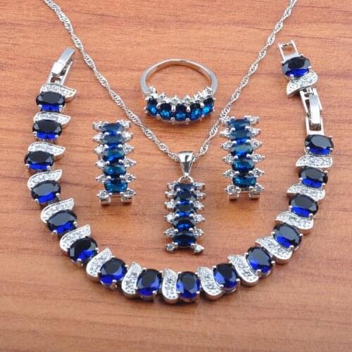 Hot Sale Blue Zirconia Crystal Silver Color Jewelry Set For Women Earrings Necklace Pendant Rings Bracelet Set JS0558