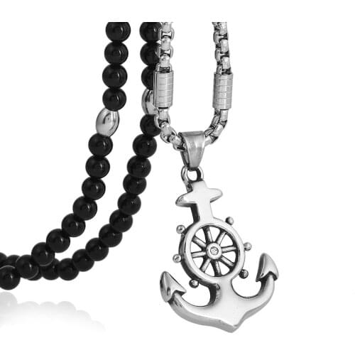 Hiphop/Rock Style Crystal Titanium Steel Anchor Pendant Necklace with Natural Stone Chain Necklace 27" Link