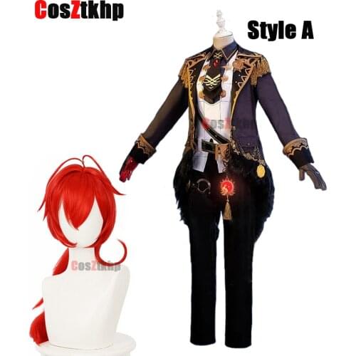 Kосплей Genshin Impact Diluc Cosplay Costume Adult Mens Uniform Outfit Party Game Halloween Xmas Carnival Pants Cloak wigs shoes