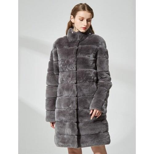 Hot Sale Winter Women Jacket Natural Rabbit Fur Coat Classic Stand Collar Long Slim Overcoat