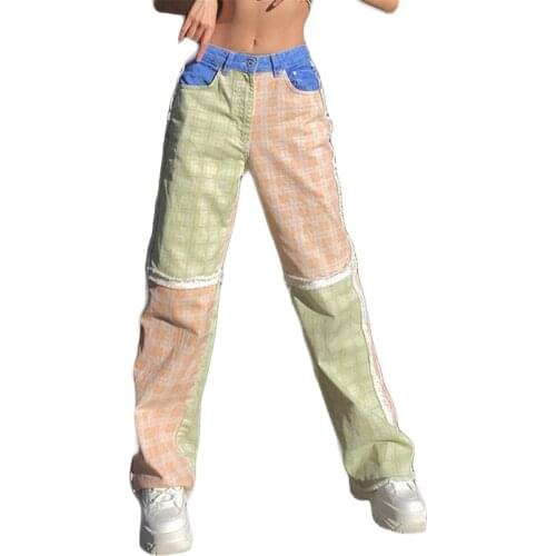 2021 New Women Color Block Stitching Jeans High-waisted Slim straight-leg Printed Trousers Cowboy Ladies Denim Pants Streerwear