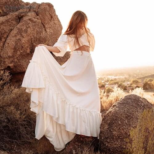 Puff Sleeve Pleats Wedding Dresses Two Pieces A Line Boho Bridal Gowns Ruffles Skirts Elegant Engagement Gowns Chic Noiva DW489