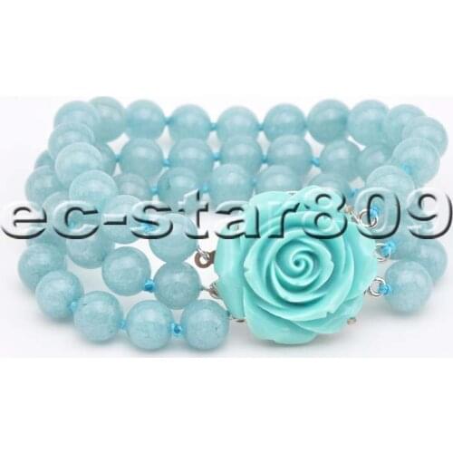 S2218 3row 8" 10mm Wathet Aquamarine Jade Bead Bracelet Flower