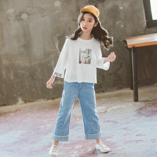 Spring 2021 Kids Girls Clothes Set Kids Sweatshirt & Loose Jeans Pants 10 12 Y 2Pcs Suits Teenage Tracksuits Children Clothing