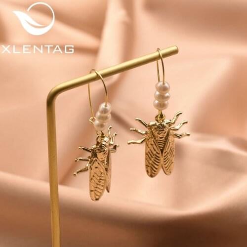 XlentAg Original Design 100% Natural Fresh Water Pearl Insect Earring For Women Engagement Birthday Accesorios Mujer GE0843B