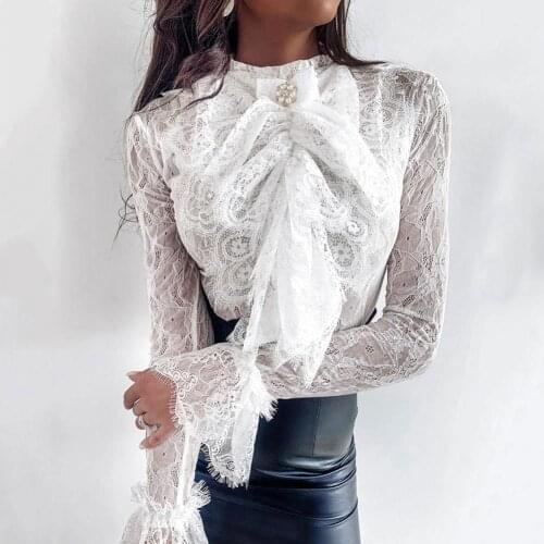 Blouse Women Elegant Bowknot Decor Solid Lace Top Women Autumn Summer Elegant Long Sleeve Round Neck Tops For Women Clothes 2021
