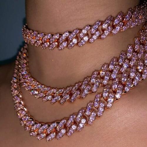 16" 18" Pinky pink cubic zirconia cz Miami cuban link chain hip hip Rock heavy chain women necklace