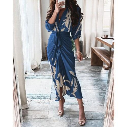 Autumn Women Leaf Print Button Front Tie Maxi Shirt Dress 2021 Femme Lace Up Long Sleeve Turn Down Collar Robe Lady Outfit traf