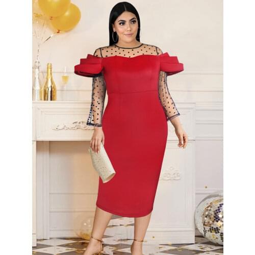Vintage Patchwork Plus Size Dresses 4XL 5XL Women Sexy Bodycon Three Quater See Trough Dot Sleeve Elegant Evening Party Dress
