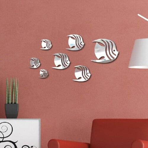 7pcs/Set 3D Fish Wall Stickers DIY Mirror Wall Art Decal Silver Fish Mirror Background Decor Wall Decal Stickers Home Ornament