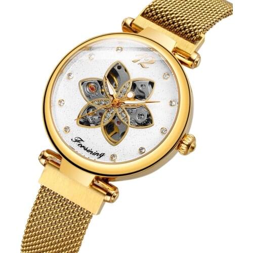 Forsining Womens Watch Top Brand Luxury Creative Diamond Female Watch Automatic Mechanical Waterproof Luminous Mesh Clock