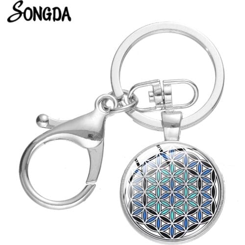 Flower of Life Energy Key Ring Holder Talisman Hand Craft Art Pattern Glass Dome Round Pendant Keychain Purse Bag Car Key Chain