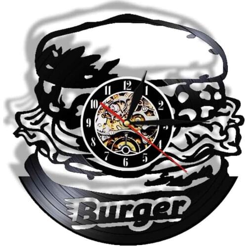 Burger Clocks Wall Home Decor Vinyl Record Kitchen With Light Fast Food Clock Reloj Pared Decorativo Modern Design Led Lamp
