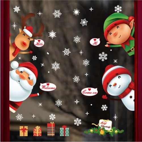 Children Christmas Shopwindow Door Window Decorations Stickers Cartoon Santa Claus Snowman Snowflake Deer Elk Wall Sticker Mural