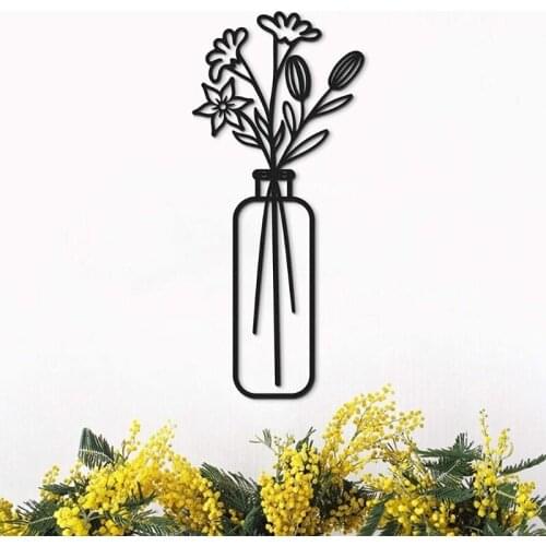 Home Modern Wall Art Decoration Iron Metal Flower in Vase Black Hanging Sculptures Ornaments for Living Room Kitchen Bedroom Gar