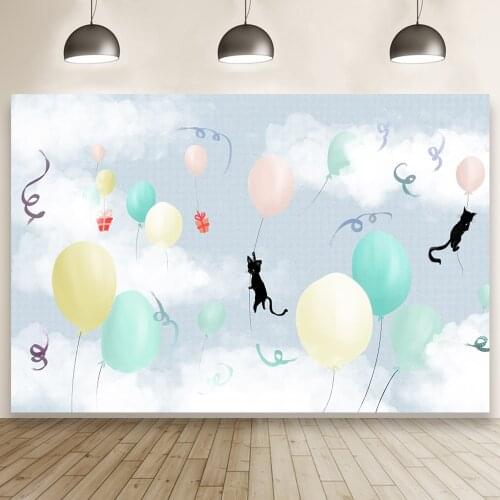 Little Cat In The Clouds Happy Birthday Theme Backdrop Children Balloons Party Photo Backgrounds Banner Decor Photocall Prop