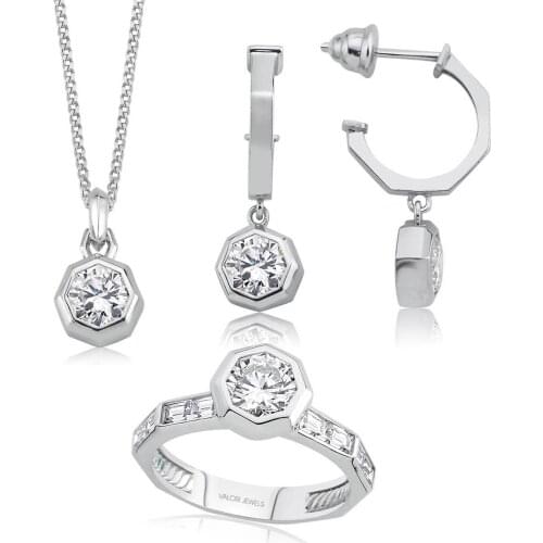 Valori Jewels 3.2 Carat, Zirconia White Octagon Sun Gemstone, Rhodium Plated, Sterling Silver Trio Set