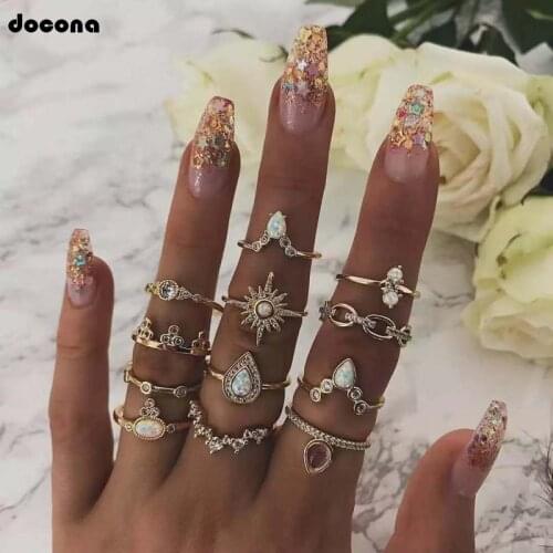 Docona Boho Gold Color Star Water Drops Rhinestone Ring Set for Women Girl Charm Joint Ring Party Wedding Jewelry 7025
